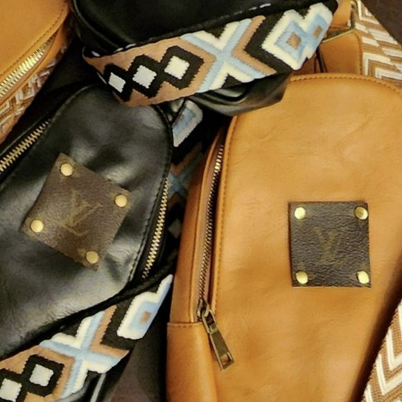 LV Leather Patch on Vegan Leather Crossbody Daypack with Woven Strap - Picture 4 of 4